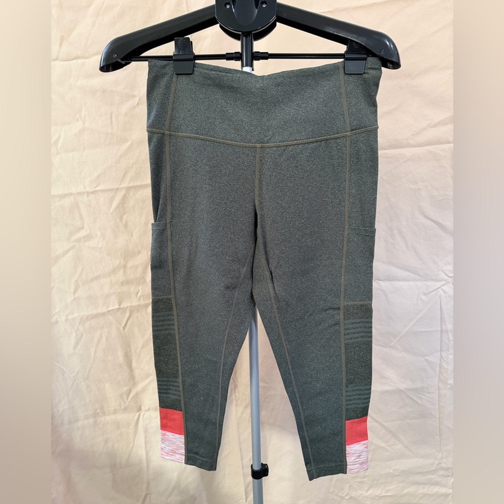 Prana Women's Cropped Leggings in Olive with Coral Accents